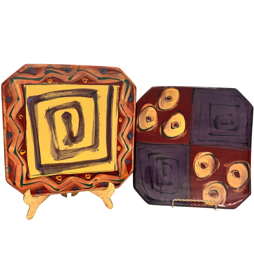 Square Abstract Modern Studio Pottery Plate EUC Karen Howell‎ set of 2  9.5"